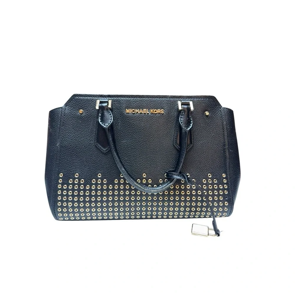 Michael Kors Black Pebbled‎ Leather Studded Satchel Gold Hardware Moto Medium